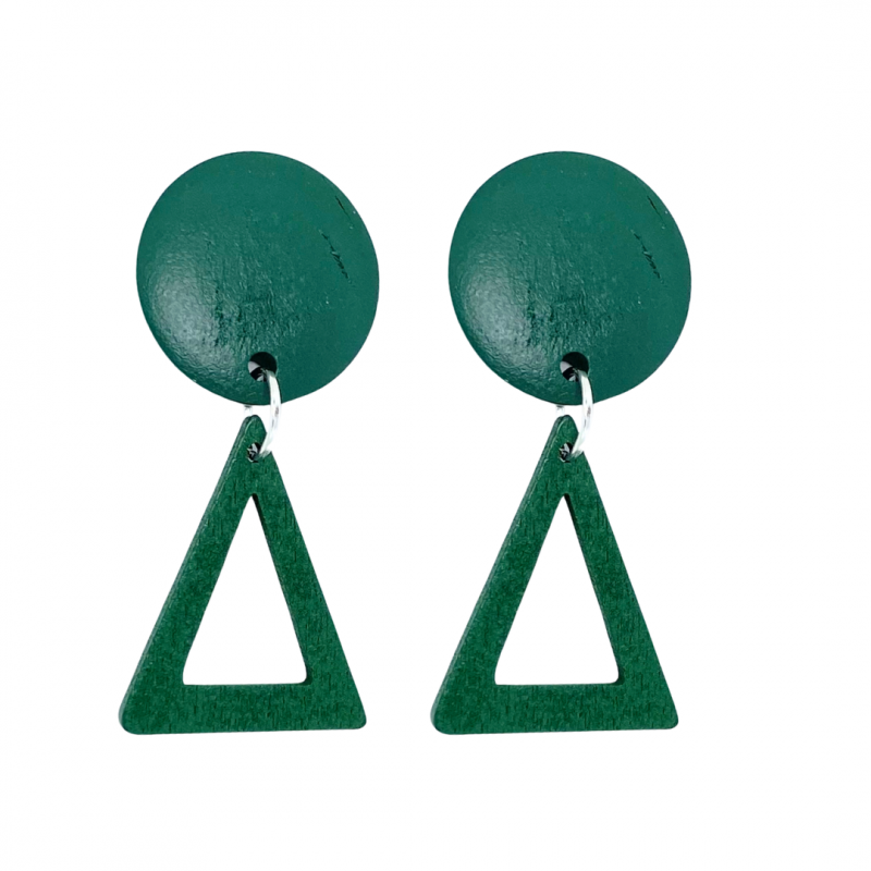 Clip oorbellen groen hout driehoek zilverkleurig