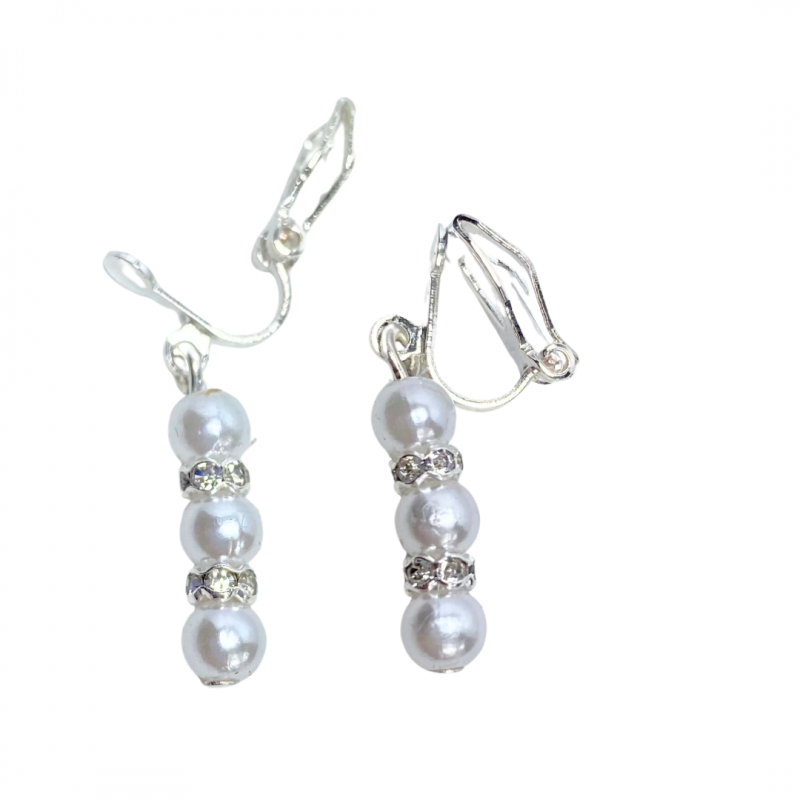 Klem oorbellen Odelia parel zilverkleur wit 3 cm