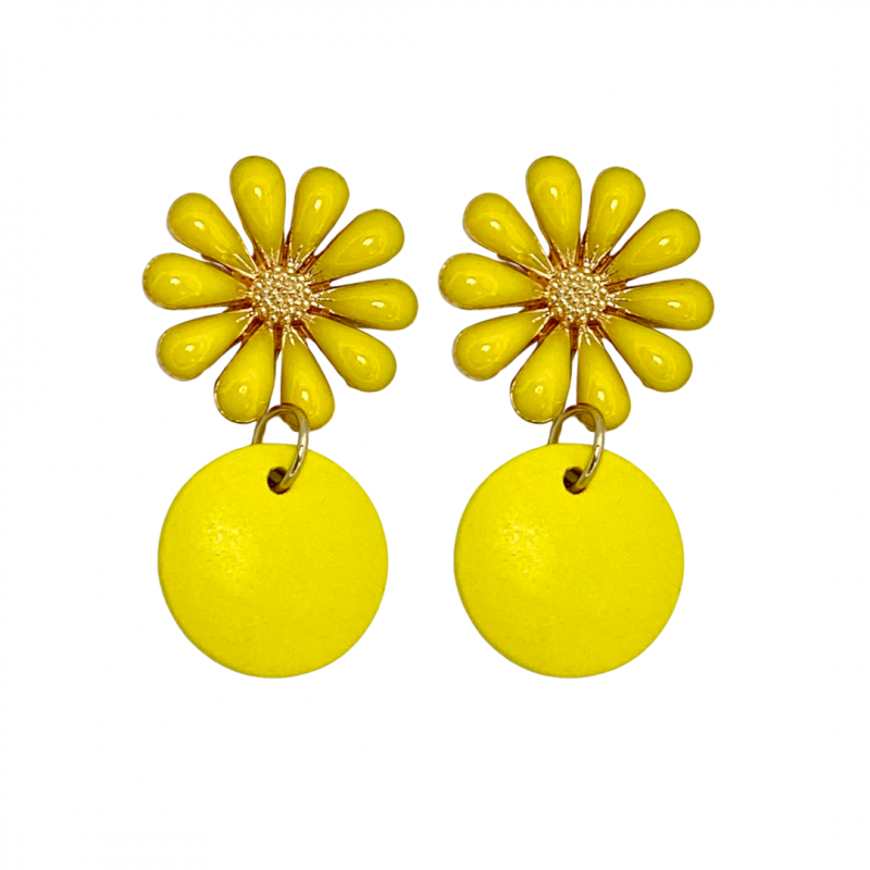 Clip oorbellen Madelief-emaille- geel -hout- bloem