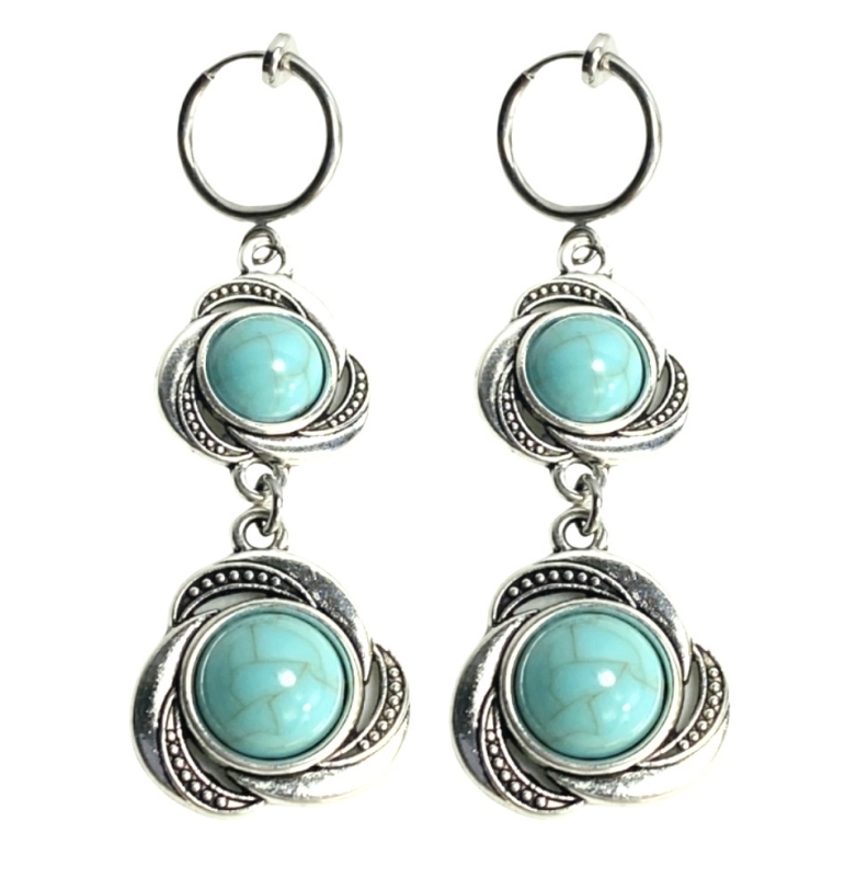 Klem oorbellen Turquoise dubbel zilverkleur 5.5 cm
