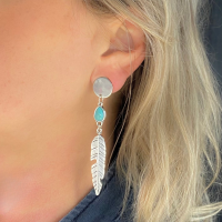 Clip oorbellen turquoise veer Tibetaanse look zilverkleur