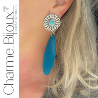 Clip oorbellen Luci turquoise hout bloem