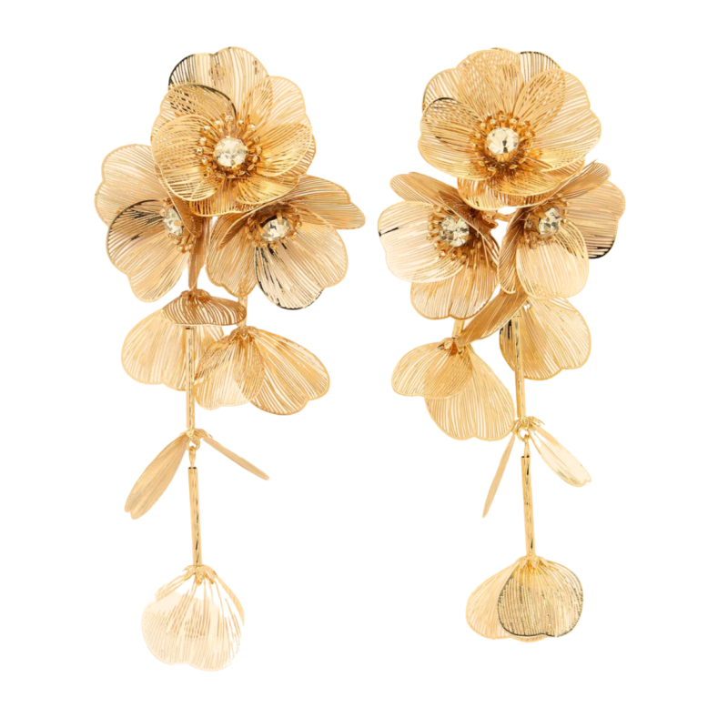Oorbellen Camelia lang goudkleurig blaadjes 12 cm