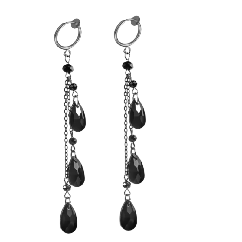 Klem oorbellen lang kralen zwart