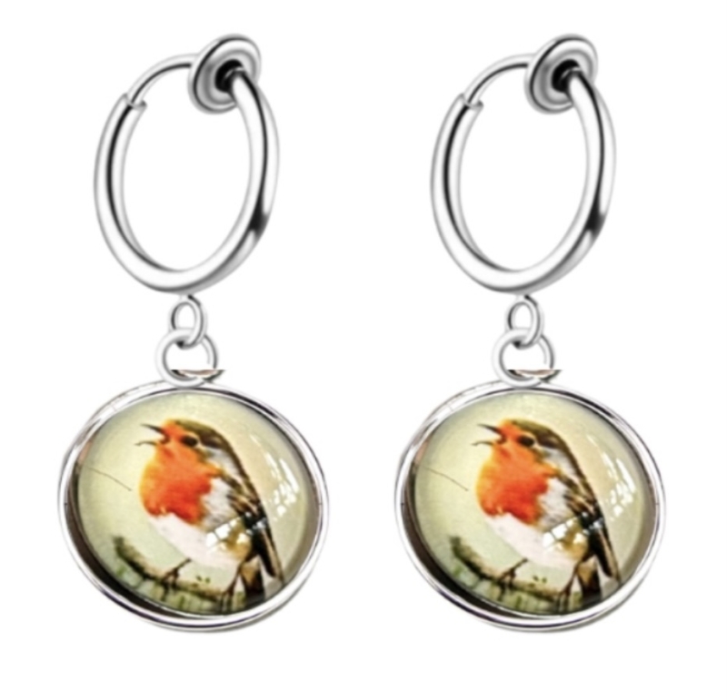 Klem oorbellen roodborstje zilverkleur