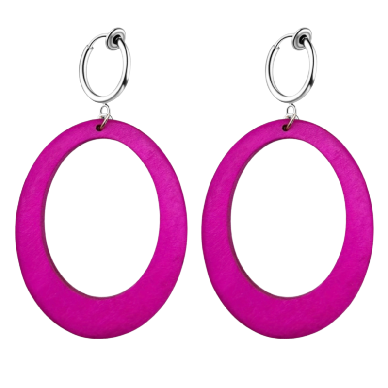 Klem oorbellen hard roze hout zilverkleur