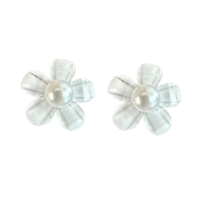 Magneet oorbellen witte bloem parel 15 mm