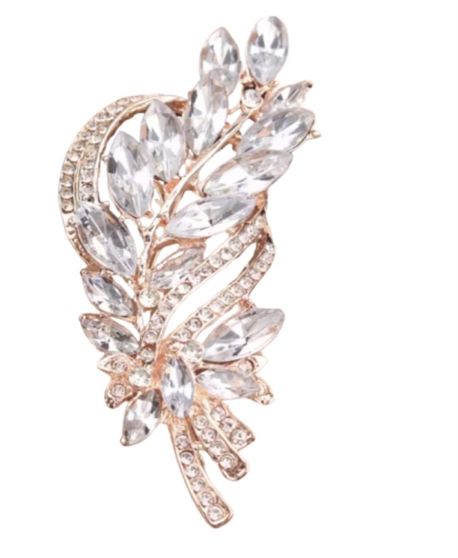 Broche goudkleurig strass blad 8.5 cm