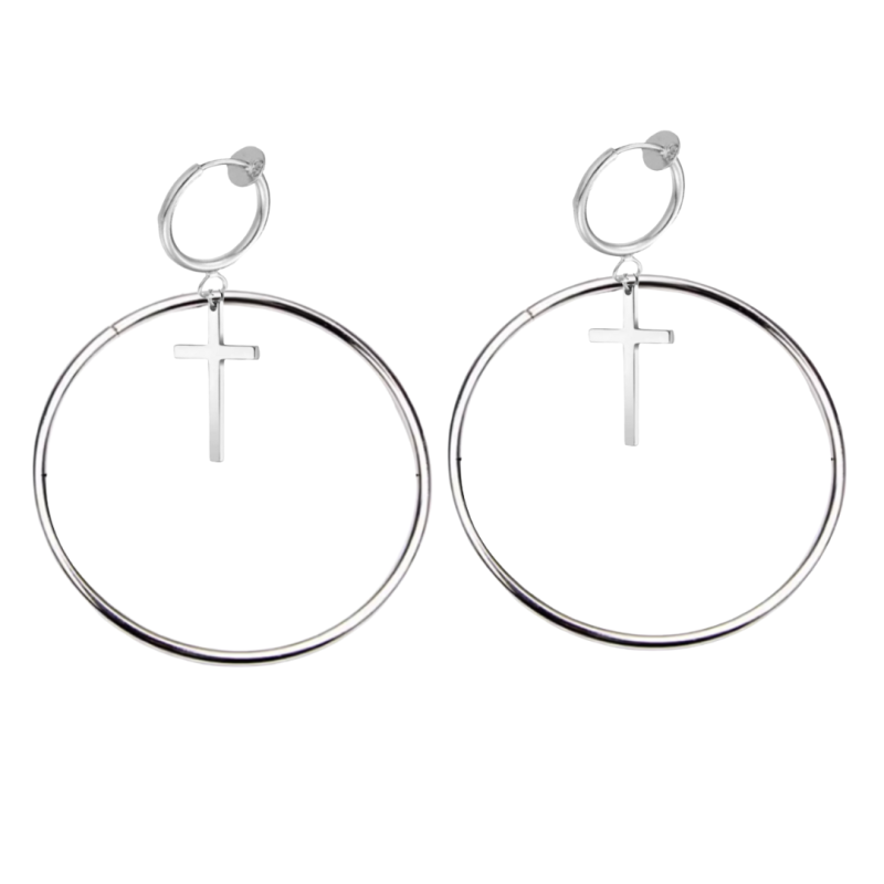 Klem oorringen zilverkleur kruisje 6.5 cm