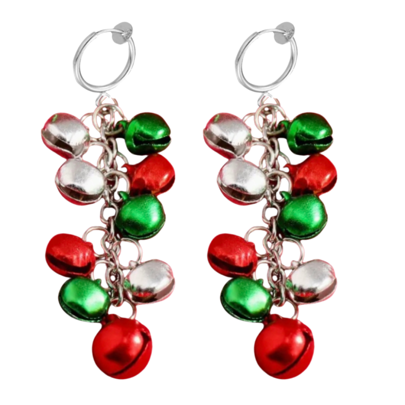 Klem oorbellen kerst belletje rood groen zilverkleur