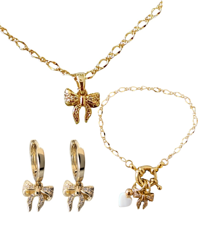 Set Bows-armband ketting oorbellen- 14k goudverguld