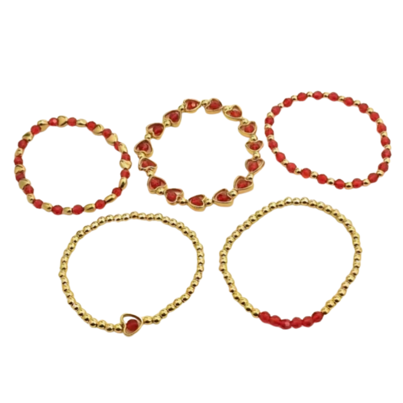 5- Delige armbandset Plus Size rood goudkleurig