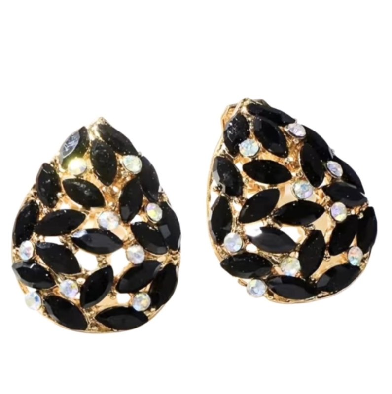 Clip oorbellen luxe zwart goudkleur druppel strass 2 cm