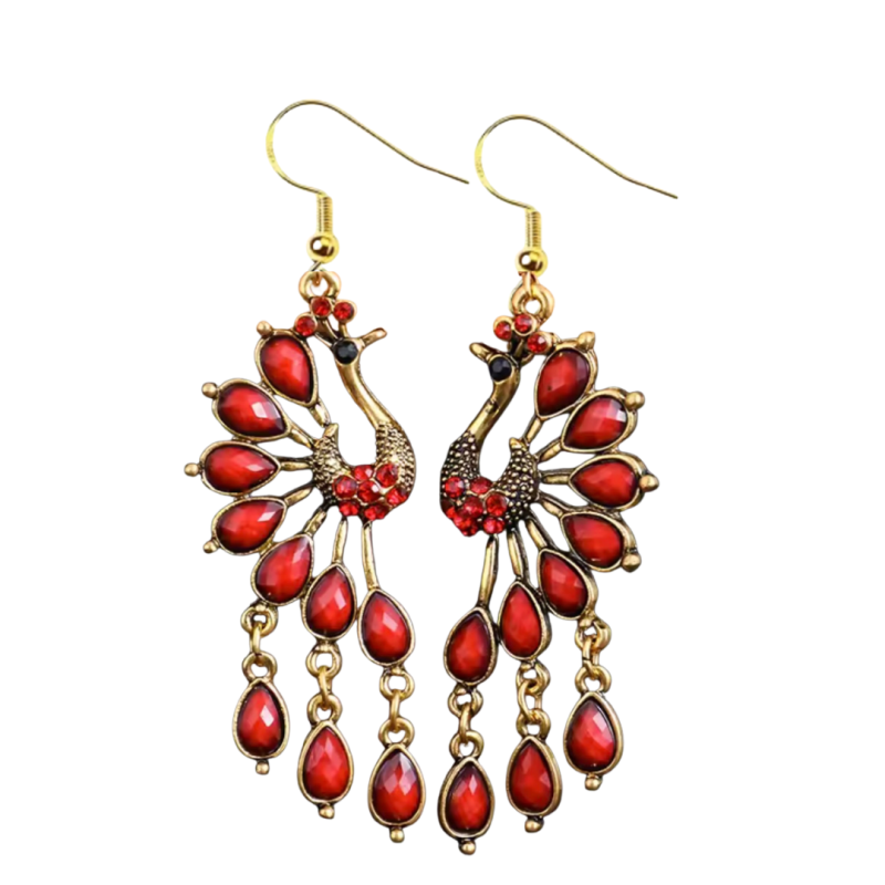 Zilveren pauw oorbellen rood goudkleurig 7.5 cm Zilveren pauw oorbellen rood goudkleurig 7.5 cm