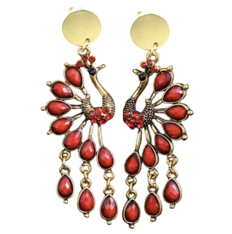 Clip oorbellen Pauw rood goudkleurig 7.5 cm