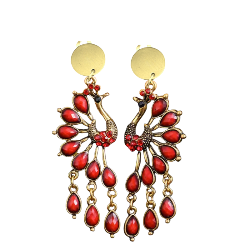 Clip oorbellen Pauw rood goudkleurig 7.5 cm