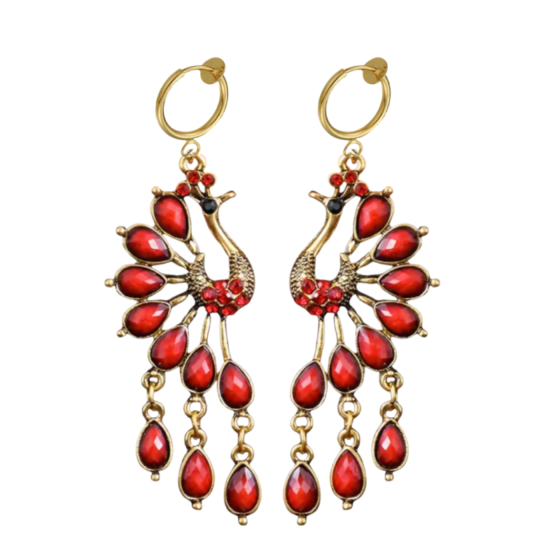 Klem oorbellen Pauw rood goudkleurig 7.5 cm