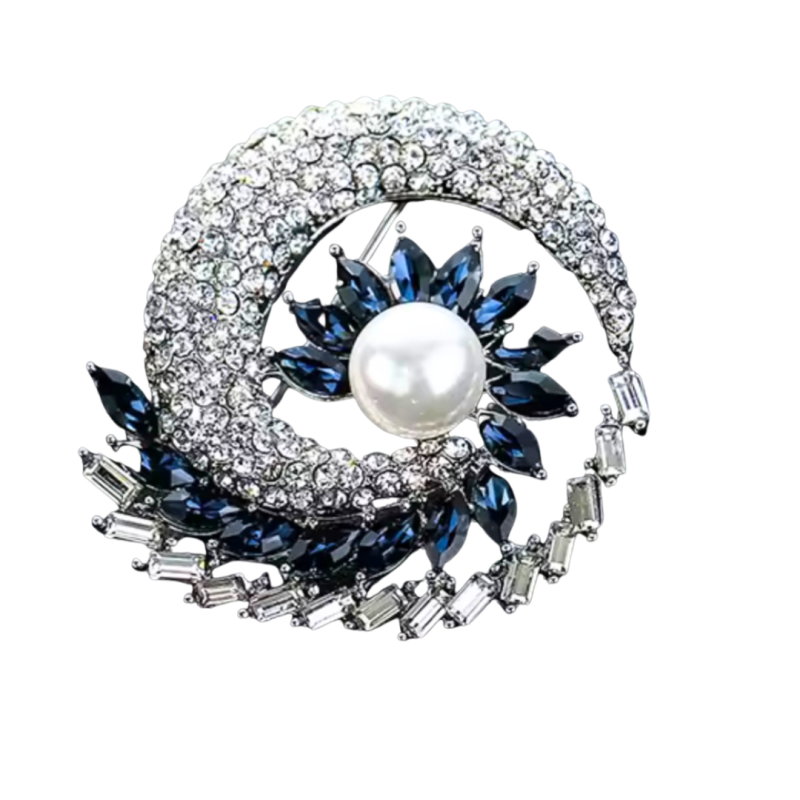 Broche Zilverkleur blauw strass schelp 4 cm