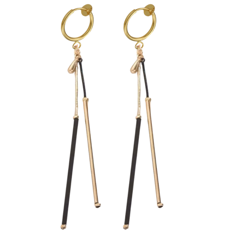 Klem oorbellen zwart goudkleurig lang