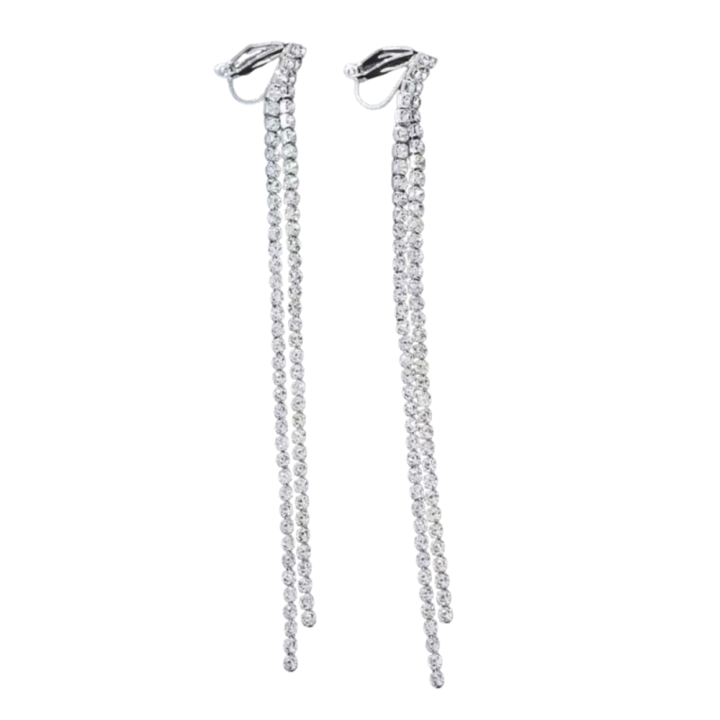 Klem oorbellen strass zilverkleur 9 cm