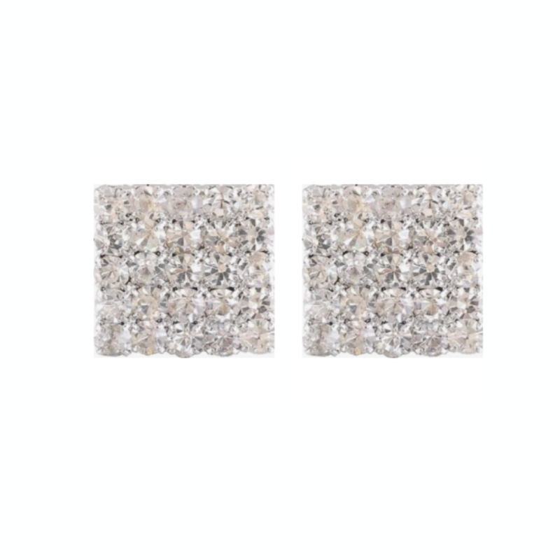 Magneet oorbellen strass vierkant zilverkleur 15 mm