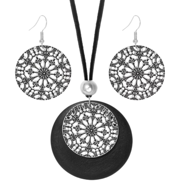 Budget set ketting oorbellen zwart Tibetaanse look