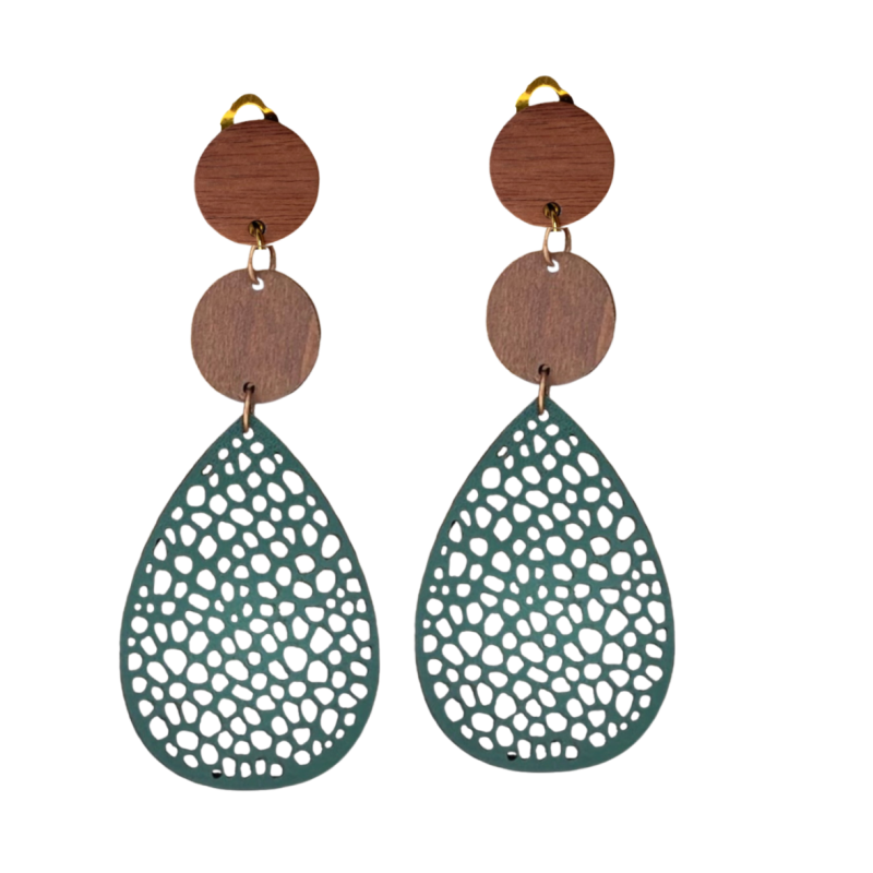 Clip oorbellen Bruin hout Petrol leer 9 cm