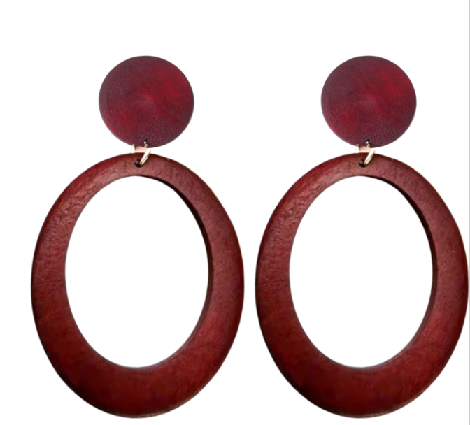 Clip oorbellen Tasha Bordeaux rood hout 8 cm