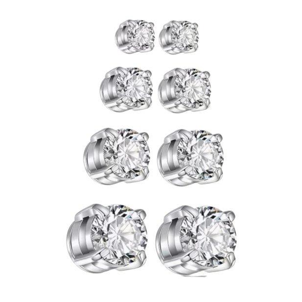 4 paar magneet oorbellen zilverkleur Zirkonia 5.6.7.8 mm