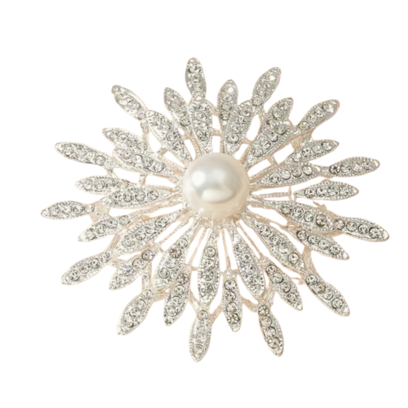 Broche zilverkleur strass parel