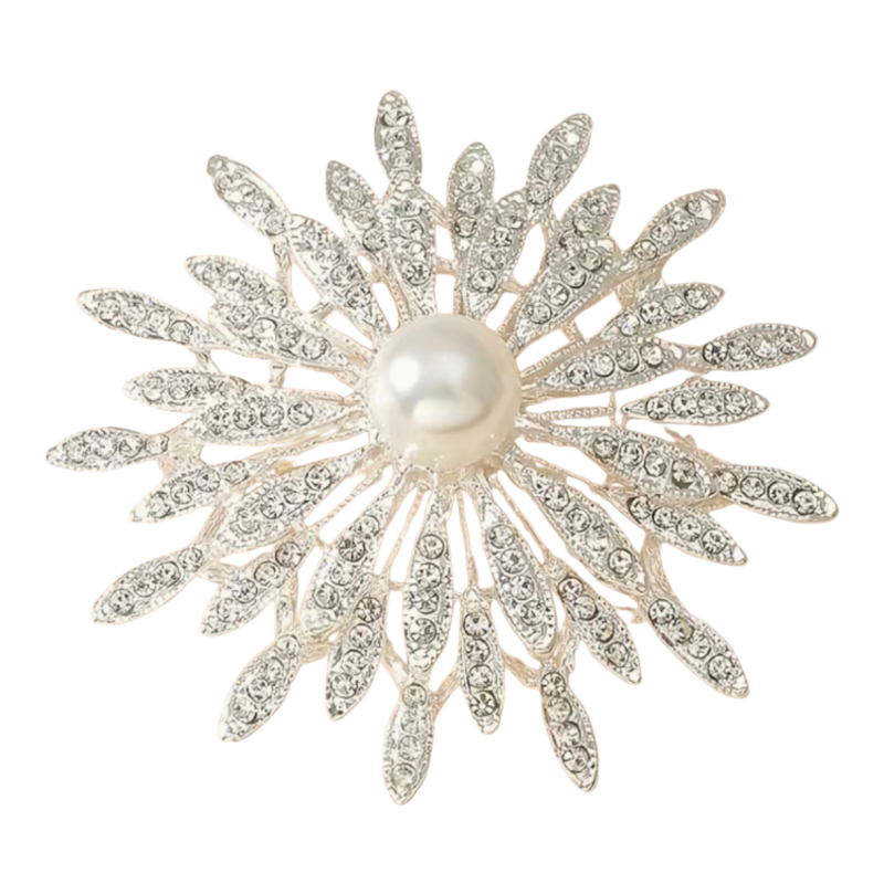 Broche zilverkleur strass parel