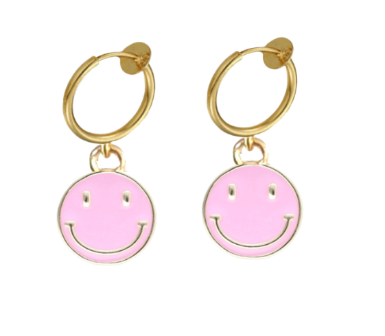 Klem oorbellen Smiley goudkleur licht roze