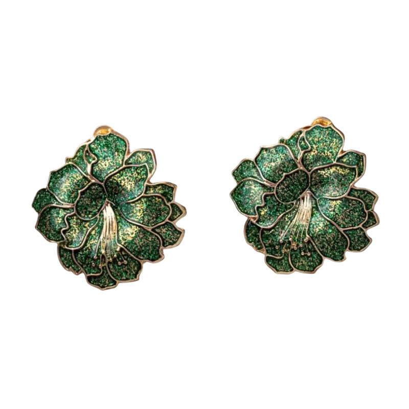 Clip oorbellen Lelie  groen goudkleurig 3 cm