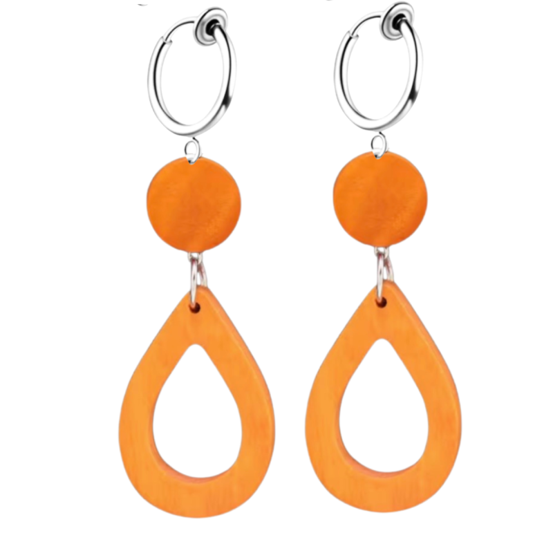 Klem oorbellen Hout oranje zilverkleur