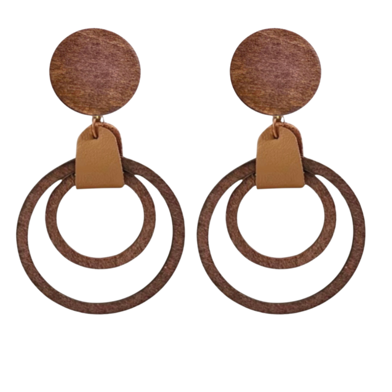 Clip oorbellen lang hout bruin leer