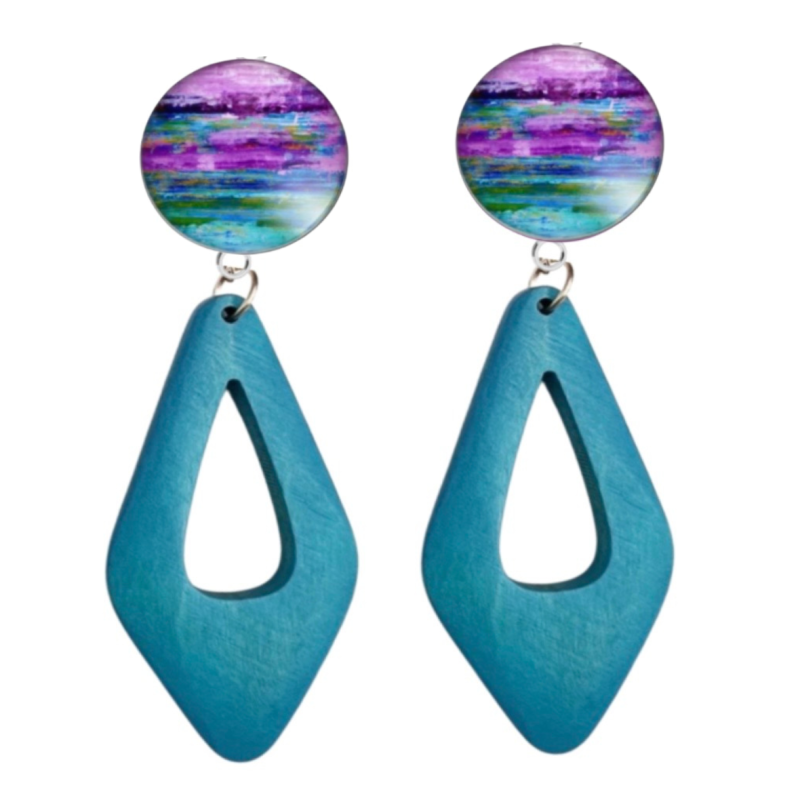Clip oorbellen Vendy Hout Turquoise 8 cm