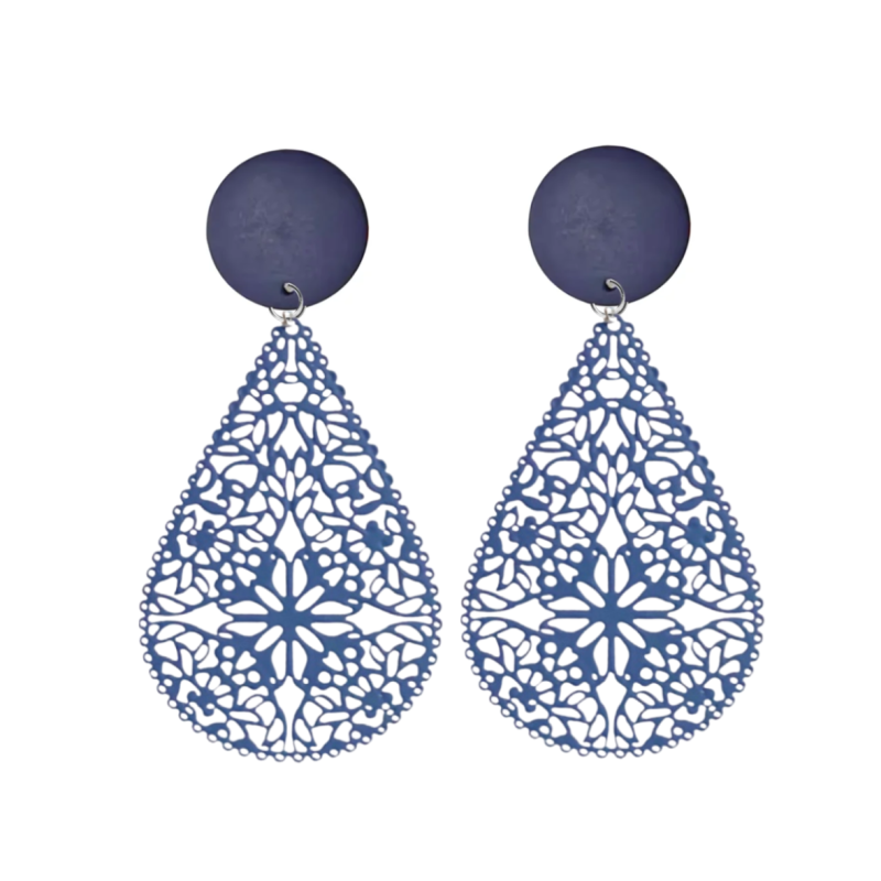 Clip oorbellen Blauw Hout Filigraan ster 6 cm
