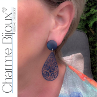 Clip oorbellen Blauw Hout Filigraan ster 6 cm