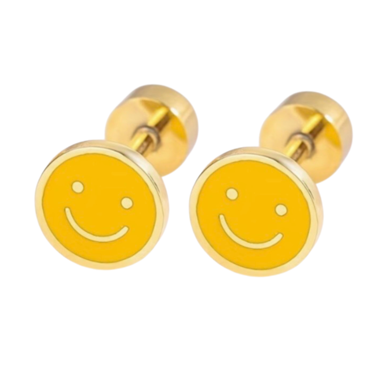 Oorbellen Geel Smiley RVS goud plating- schroefsluiting