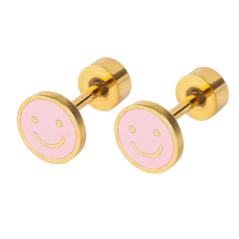 Oorbellen Smiley Roze RVS goud plating- schroefsluiting