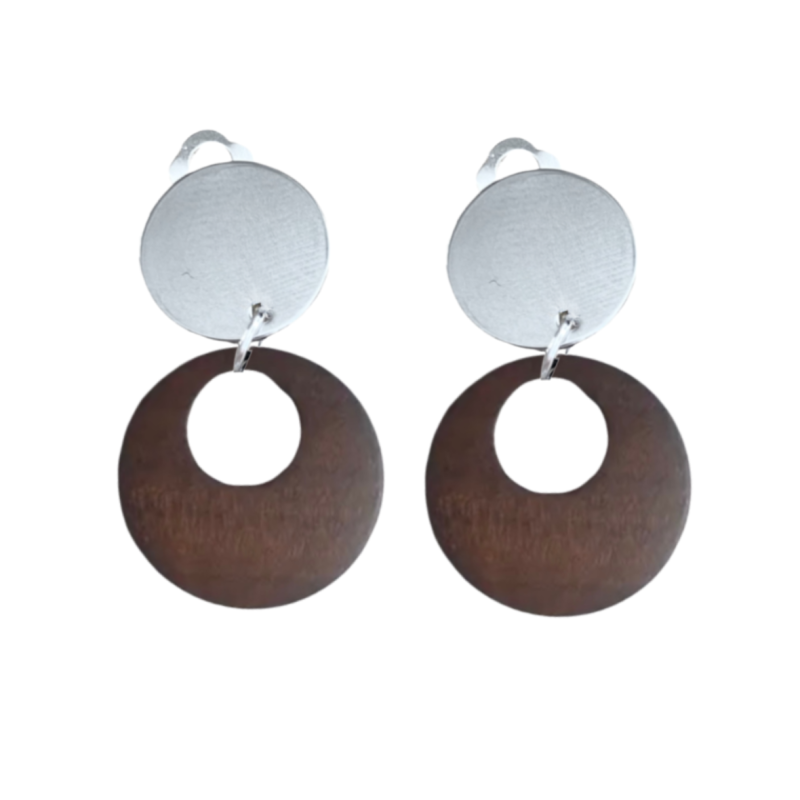 Clip oorbellen Hout Bruin Zilverkleur