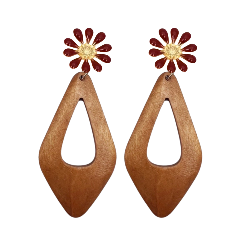 Clip oorbellen Vendy Madelief bruin  hout 8 cm
